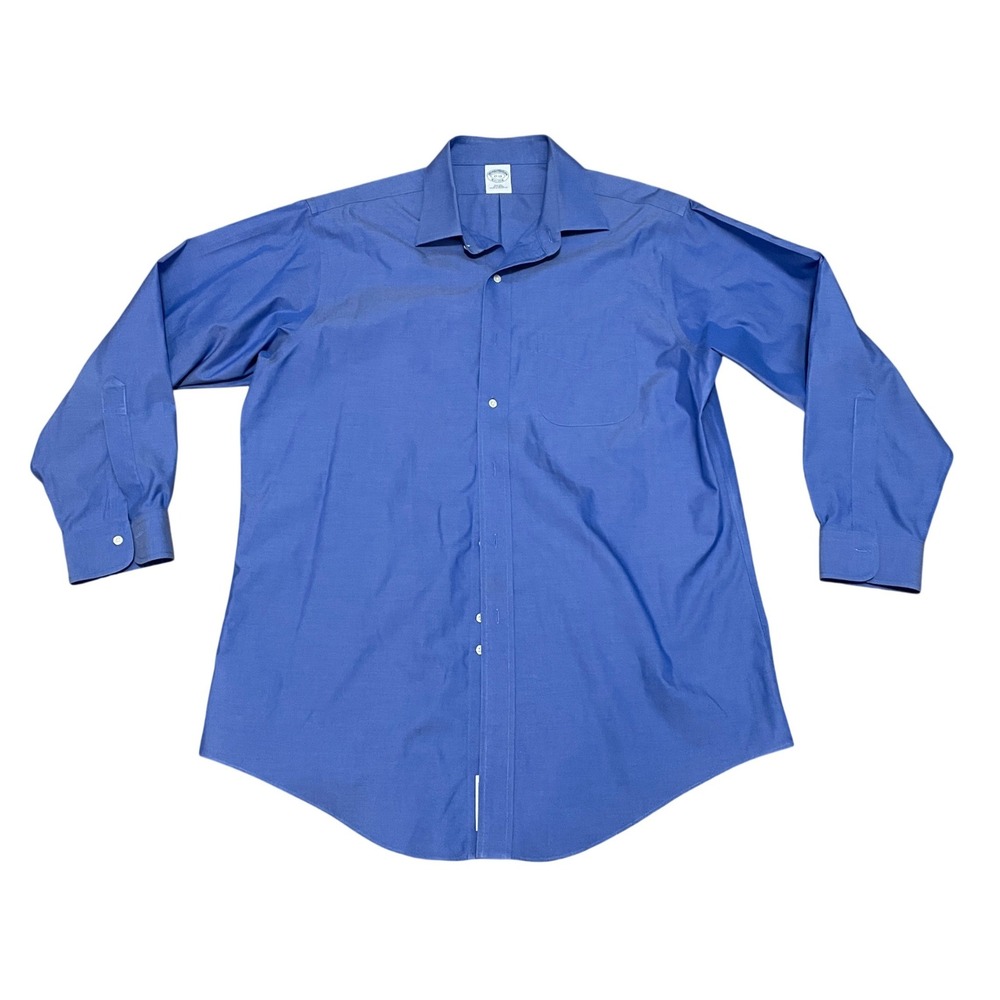 Brooks Brothers Mens 17-33 Slim Fit Non-Iron Cotton Dress Shirt Blue Long Sleeve